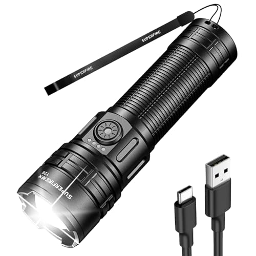 SuperFire LED Taschenlampe Aufladbar,4000 Lumen Extrem Helle Zoombare Taschenlampen lange laufzeit,5 modi,Premium-Lampenperlen mit...