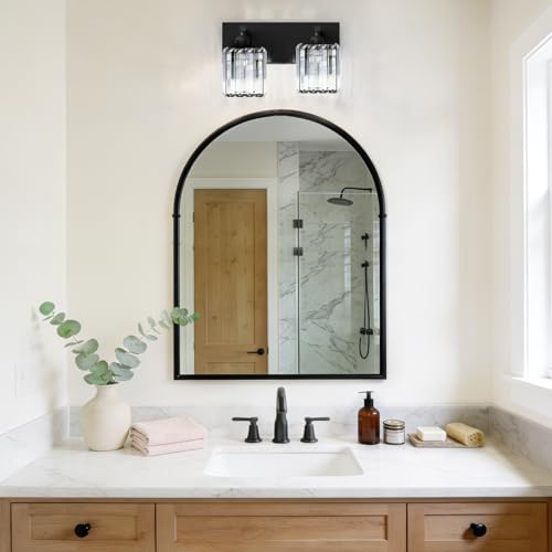 Image of Black Crystal Bathroom Vanity Light, 2-Light Modern Bathroom Lighting Fixtures Over Mirror, Matte Black Wall Sconce with Square Shade