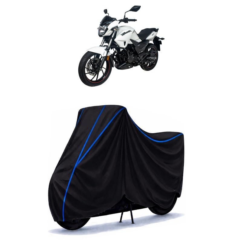 Image of Hero Hunk 190 R Bike Cover Water Resistant Universal Motorcycle Rain | Heavy Duty UV Protection, Dust, Scratch Indoor Outdoor All Weather with Black Blue Piping Elastic