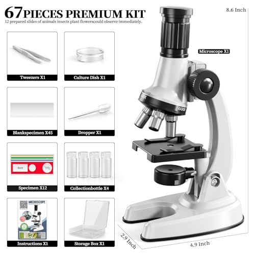 65 Pieces Microscope Kit for Kids Ages 5-7 8-13, 100X-1200X Magnification with 7 Colors of LED Lights and 12 Prepared Slides, Science Experiment STEM Kits for Boys and Girls Age 8-12 Years - Image 7