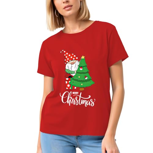 Image of Merry Christmas Shirts for Women - Xmas Bow Short Sleeve Festive Holiday Pink Ribbon Tee Tops