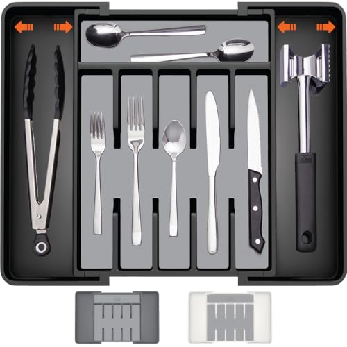 Expandable Rubber Lined Silverware Organizer for Kitchen Drawers, Grip Feet, Adjustable Cutlery Holder, Black