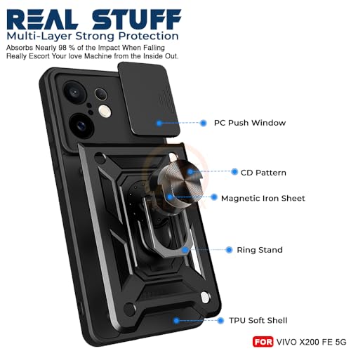 Image of Armor Bumper Back Cover Case for Vivo X200 FE 5G Rotating Camera Cover, Ring Holder & Kickstand | Heavy Duty & 360 Degree Protection Vivo X200 FE 5G Back Cover (Black)