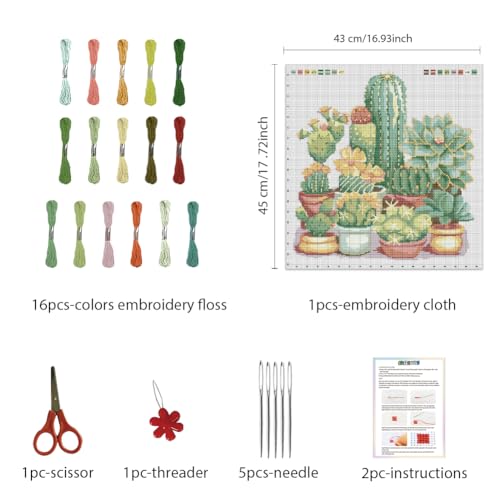 Image of FREEBLOSS Cactus Cross Stitch Kit Cross Stitch Starter Kit for Adults with Instructions 13 * 17'' Pure Cotton Cloth Cross Stitch for Beginnrs Cross stitch Wall Hanging No Frame