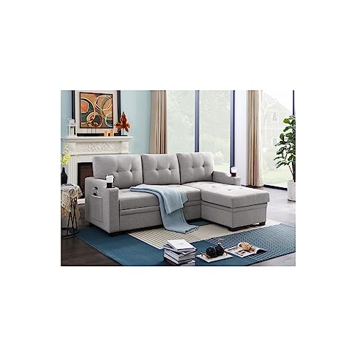 Lilola Home Mabel Light Gray Linen Fabric Sleeper Sectional With Cupholder, Usb Charging Port And Pocket #TOP1
