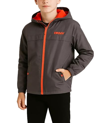 Image of DKNY Boys Fleece Jacket - Water and Wind Resistant Polar Fleece Lined Boys Windbreaker Jacket - Cozy Outerwear Kids Jackets, Size 10-12, Charcoal
