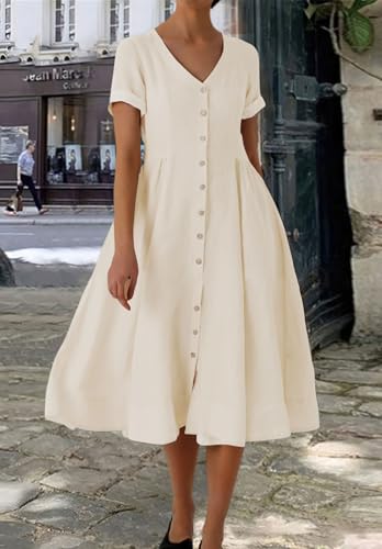 Image of chouyatou Women's Summer Fit and Flare Swing Cotton Dress Casual V-Neck Button Down Beach Midi Dress