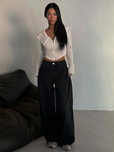 Image of Shasmi Women's Black Wide Leg Baggy Jeans | Loose Fit Denim Pants for Women | High Rise Streetwear | Casual Oversized Wide Leg Denim | Korean Style Baggy Trousers with Pockets (Jeans 296)