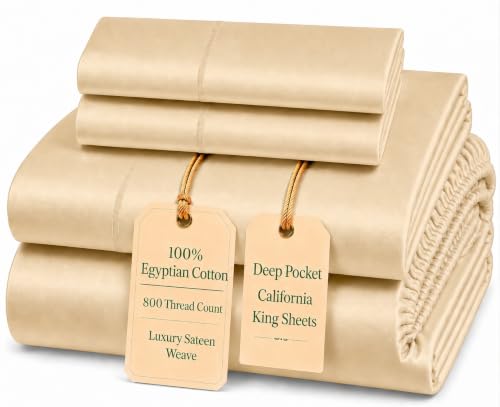 Image of 100% Cotton 800TC Sateen Weave Breathable CalKing Bed Sheets - Semolina | Luxury Sateen Weave, Elasticized Fitted Sheet & Pillowcase Sets, Premium Comfort For Every Bedroom, Made for Everyday Use