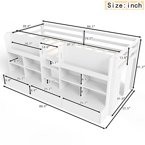 Image of Twin XL Size Low Loft Bed for Kids with Storage Shelves, Play Curtain & Chalkboard,Space-Saving Design,No Box Spring Needed (White-TX)