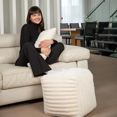 Gouchee Home Cube Raya Pouf, Foot Stool, Stuffed Ottoman Bean Bag Chair - Natural - Plush, Stylish, Lightweight, and Comfortable Furniture Accessory for Living Room and Bedroom - 16" x 16" by Gouchee Home Inc. - Image 2