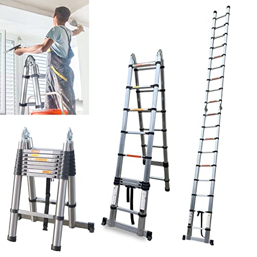 Escalera telescópica de 5 m, plegable con estabilizador, antideslizante, escalera plegable, escalera de pie, de acero inoxidable de alta calidad, capacidad de carga de 150 kg (2,5 + 2,5 m) Cover