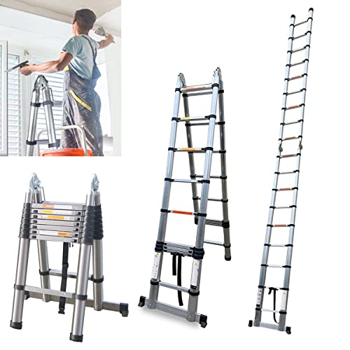 Échelle Télescopique 5m / 2,5 m + 2,5 m avec stabilisateur - Échelle Multi-Usage - Charge maximale : 150 kg, Échelle Escabeau Télescopique en Acier Inoxydable 16 Echelons