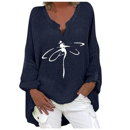 Blusa de lino de manga media para mujer, manga larga, ropa de verano de gran tamaño, cuello en V, camisa casual occidental bordada, linda manga 3/4, camisas de gasa arrugada, túnica de ajuste holgado