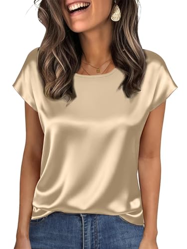 Nfsion Tops for Women Silk Satin Cap Short Sleeve Blouse Square Neck Shirts Business Casual Outfits Large Champagne