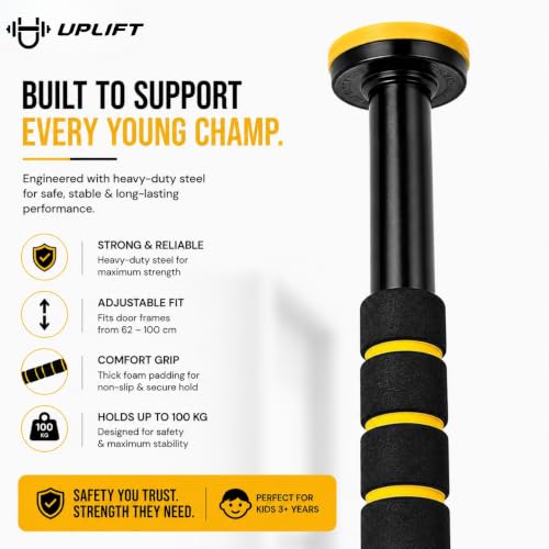 Image of UPLIFT Pull Up Bar for Kids | Doorway Hanging Rod & Chin Up Bar For Kids and Adults | No Screw Hanging Rod with Anti-Skid Foam Grip | Adjustable Heavy Duty Strength Training Gym Equipment (62-100cm)| 100kgs Capacity