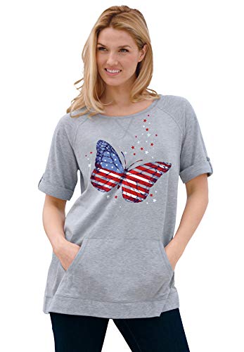 Woman Within Plus Size Americana Kangaroo Pocket Tee - 18/20, Heather Grey Americana Butterfly