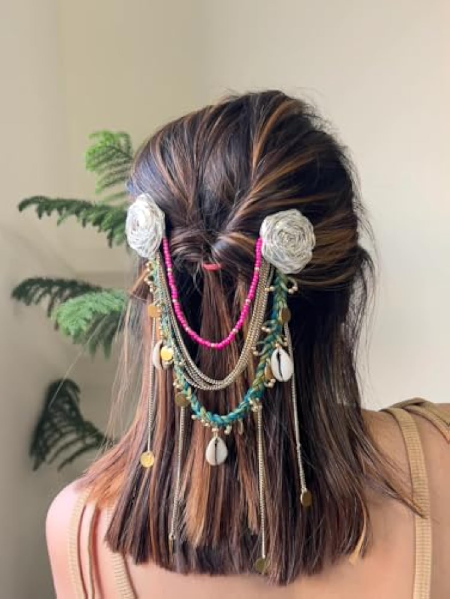 Boho Handmade Cotton Rose Pins & Cowrie Shells Hair Accessory Set