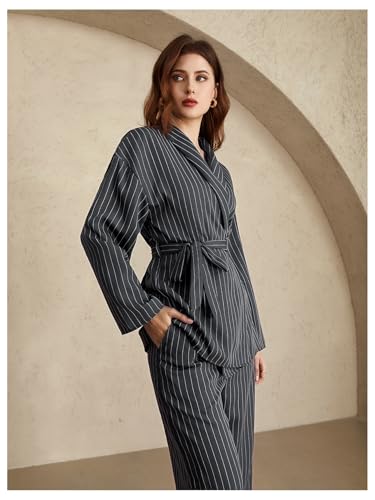 Women's 2 Piece Outfits Striped Belted Open Front Blazer and Pants Work Office Set4