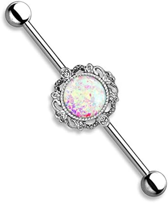 King Metals Synthetic Opal Glitter Center with Filigree Around 316L Industrial Barbells