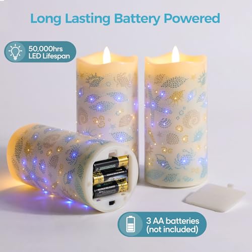 Image of Eywamage Ocean Fiber Optic LED Pillar Candles with Remote 3 Pack | Coastal theme, summer daily decor, 3 AA battery powered, remote timer function, Φ 3 inch H 6 inch, flickering realistic