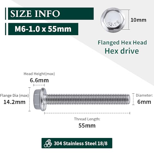 Image of M6-1.0 x 55mm Hex Flange Bolt (2.17 inch Thread Length), DIN6921, Serrated Locking Flange, 304 Stainless Steel, UNC Full Thread, 20-Pack