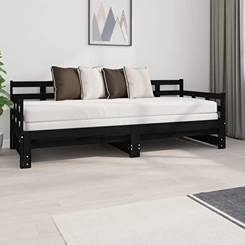 Homgoday Sofá Cama Extraíble Cama Convertible en Cama Individual Cama Divan Sofá Cama Matrimonio de Madera Estructura Sofás de salón Madera Maciza de Pino Negro 2X(80x200) cm