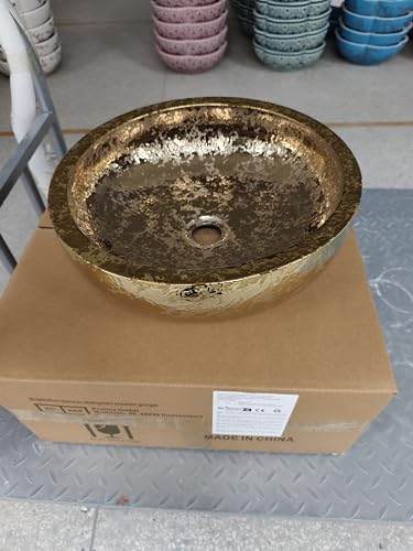 1 komplettes Set luxuriöser, handgefertigter Keramikwaschbecken in Gold mit goldenem Wasserhahn und Abfluss