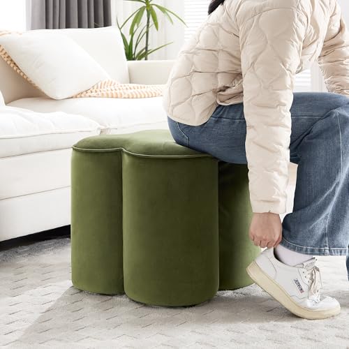 Image of Zesthouse Flower Pouf Ottoman Foot Rest, Velvet Fabric Poofy Ottoman Footstool for Couch, Modern Living Room Stool Seat, Cute Square Vanity Stool for Bedroom Dorm, Green