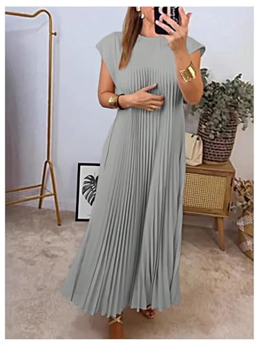 Image of GORGLITTER Women's Pleated Flowy Chiffon Church Dresses Elegant Summer Short Sleeve Wedding Guest Maxi Dress Outfits