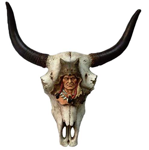 Bison Skull and Native American Head Ornament Wall Plaque Sculpture Art
