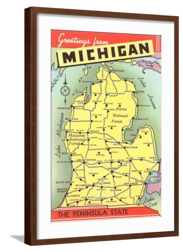 Art.com Wall Art Print Map of Michigan on Brown Frame, 21" x 29"