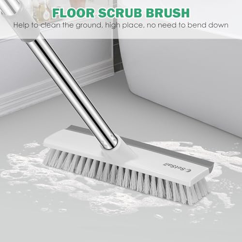 Image of SetSail Floor Scrub Brush and Grout Brush with 51-Inch Long Adjustable Handle 2 in 1 Scrape Brush Stiff Bristle Floor Scrubber for Cleaning Shower Bathroom Garage Kitchen Deck Tub Tile, Grey White