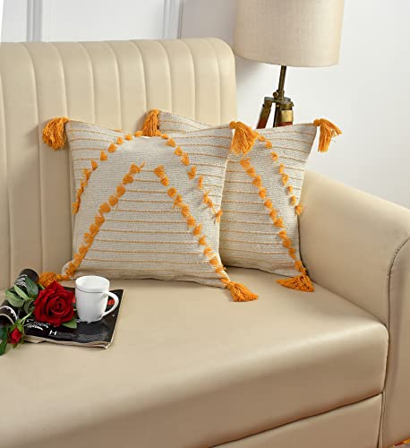 Image of TIB Premium Boho Decorative Throw Cushion Covers, 16 x 16 cm, Set of 2, Cotton. (Golden Triangle)