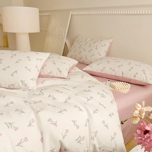 Bettwäsche 135x200 Baumwolle Rosa Weiß Tulpen Blumen und Kissenbezug 80x80 – Ansicht 6