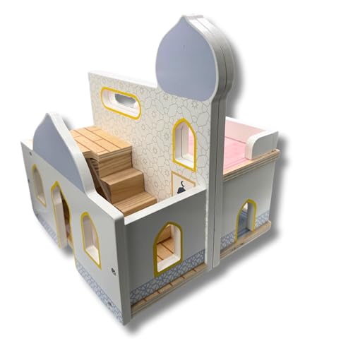 Lala + Mo Wooden Masjid (Mosque) Playhouse, Islamic Educational Dollhouse with Figurines, 3 Y+