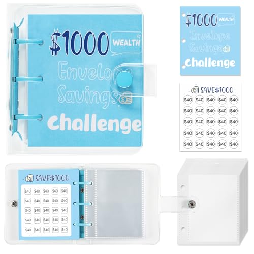 XIMUX $1000 Savings Challenge Binder Money Saving Envelope Challenge Mini Budget Binder with Cash Envelopes Reusable Budget Book with Cash Envelopes Envelope Savings Challenge,Blue