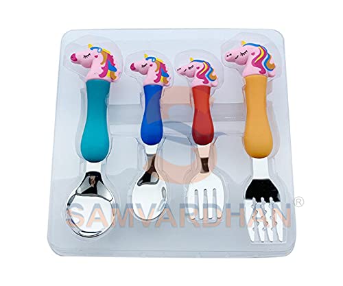 Image of Samvardhan Stainless Steel Unicorn Tableware Set Cutlery Unicorn Spoon and Fork Set for Babies Set of 4 Includes 2 Forks 2 Spoons