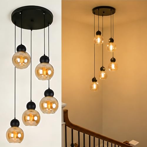 Image of 5-Light Black Cluster Pendant with Globe Amber Glass, Adjustable | Hardwired, Modern Style, for Staircase, Kitchen Island, Dining Room, Entryway