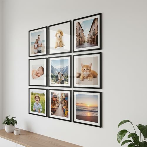 Image of kotart Photo Frame For Wall Decor | Wooden Frames For Wall Decoration | Aesthetic Collage Picture Frames | Rectangular Photo Frame For Home Decor Bedroom Office | Pack of 9 (12X12 inch)