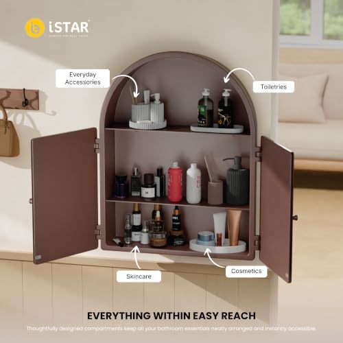 Image of iSTAR Wall Mounted Storage Mirror Cabinet, Bathroom Wall Mirror with Storage Shelf Mirror with Hidden Cabinet Organizer | Modern Wall Mounted for Bathroom, Bedroom, Washbasin (Brown)
