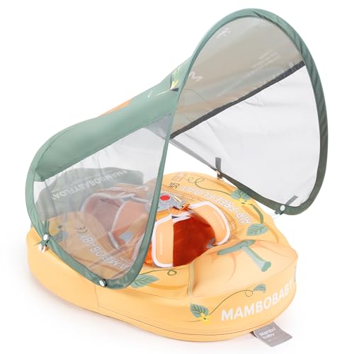 Image of Mambobaby Float Add Tail Baby Swim Float with Canopy Solid Pool Infant Swim Trainer Swimming Training Lying Air Free Water Floats Non-Inflatable Waist Swim Ring for Toddlers (Pumpkins)