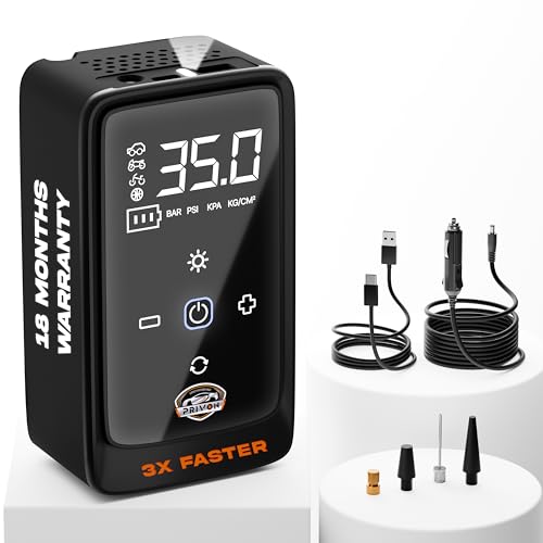 Image of PRIVON Portable Tyre Inflator for Car and Bike, Cycle | 4500mAh Cordless & 12V Car Socket Air Pump | 150 PSI Digital Display | LED Flashlight | Power Bank | Auto Shut Off | 18M Warranty (Tez 1.0)
