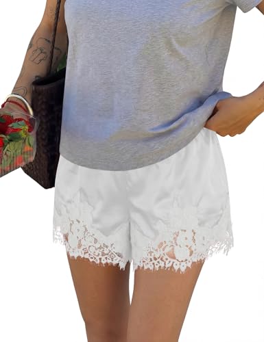 LOMON Satin Silk Shorts for Women Y2K Low Rise Lace Trim Mini Shorts Cute Coquette Lounge Pajama Half Slip Bottoms Pearl White S
