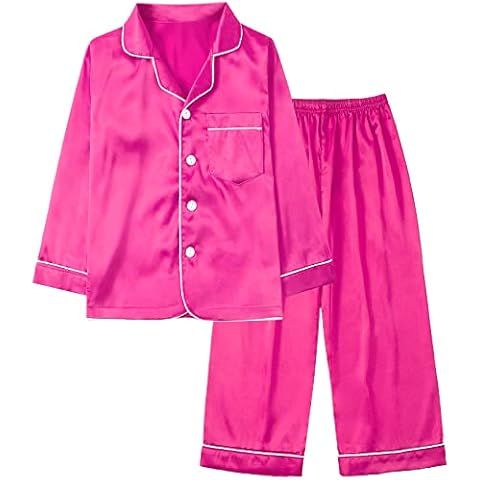 Miyanuby Conjunto de pijama de seda con botones para niñas y niños, Rosa Hot, 9-10 Años Cover