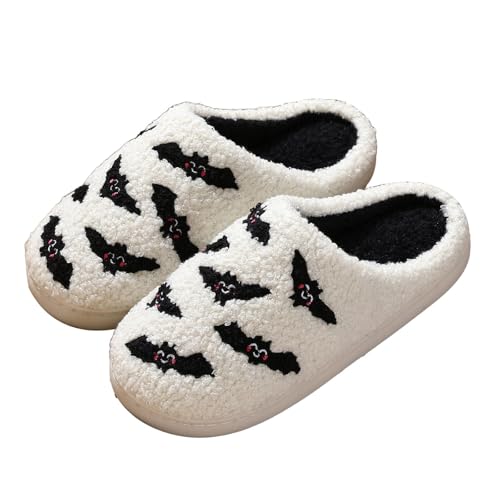 Halloween Slippers for Women, Spooky Pumpkin Slides Soft Cute Cartoon Plush Fuzzy Warm Fur Lined Slippers Memory Foam Plush Indoor Outdoor Shoes