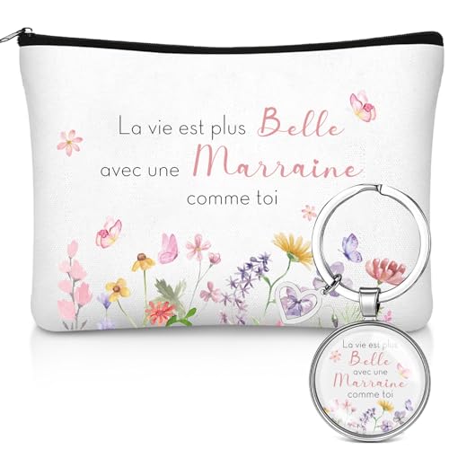 Hestya Coffret Cadeau Marraine avec Trousse de Maquillage et Porte-Clés | Sac Cosmétique en Toile et Porte-Clés en Alliage de Zinc et Verre, Idée Cadeau pour Noël, Anniversaire, Baptême, Remerciement