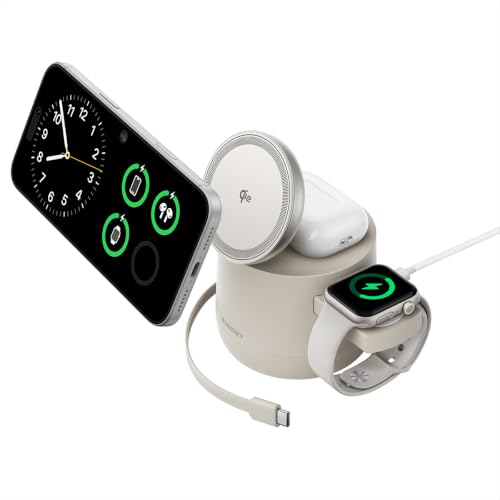 THREEKEY 4 in 1 Qi2 Magnetic Wireless Charging Station, 15W Fast Charger with Made for Apple Watch Charging Module, for iPhone 17–12 Series & AirPods, 65W Adapter Included