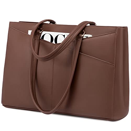 Image of LOVEVOOK Laptop Bag for Women 15.6 Inch Tote Bags Waterproof Leather Briefcase Computer Women Business Office Work Bag,Dark Brown