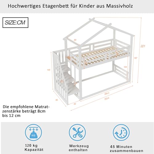 Miniatura 3 de Azkoeesy Cama Infantil Litera 90 X 200 Cm Con Escalera Y Pasamanos, Estructura De Cama Baja, Forma De Casa, Con Somier Y Protección Contra Caídas, Cama Juvenil Blanco